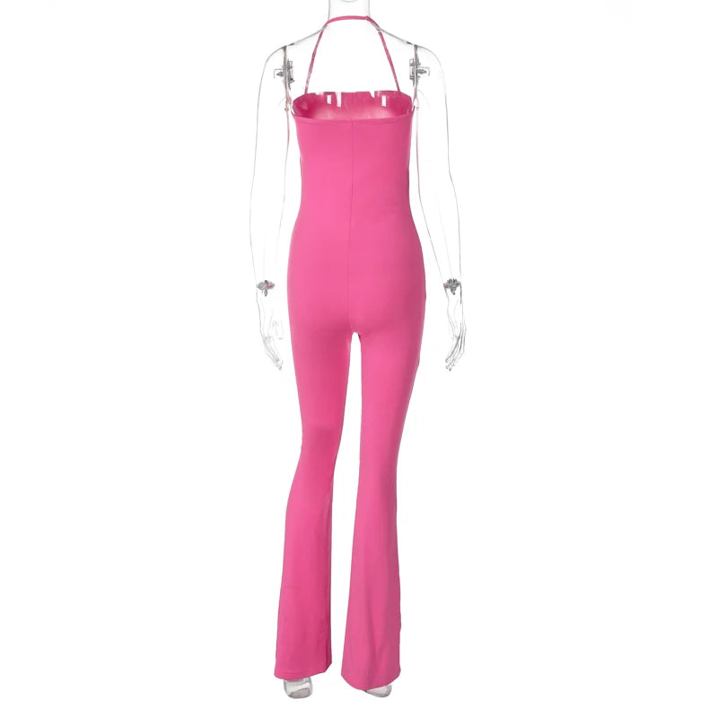 Hugcitar 2025 Spring Halter Solid Sleeveless Backless Sexy Bodycon Flare Pants Jumpsuit Women Casual Rompers Streetwear Festival
