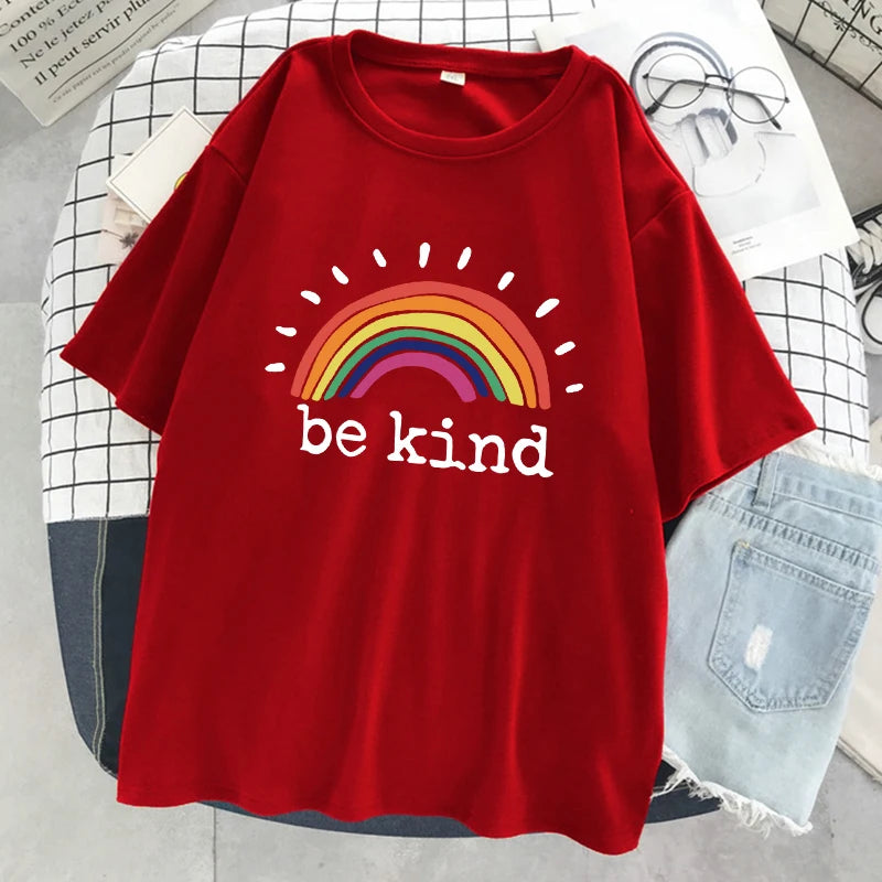 Be Kind A Glowing Rainbow Womens T Shirt Cotton Cool Tshirt Street Oversized Short Sleeve Fashion Breathable Tee Clothes