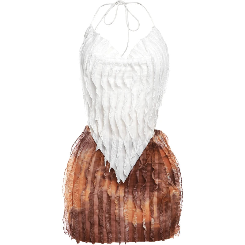 Weird Puss Ruffles Women Sexy 2piece Set See Through Low-Neck Camisole+Peach Hip Skirts Vacation Midnight Clubwear Matching Suit