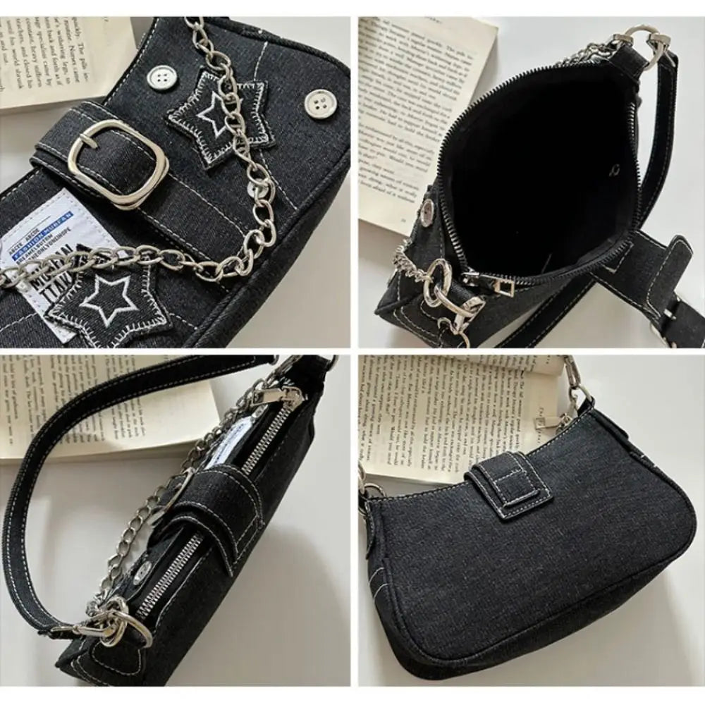 Y2K Canvas Chain Shoulder Bag jeans Stars Pattern Underarm Bag Women's Handbag for Woman Girls