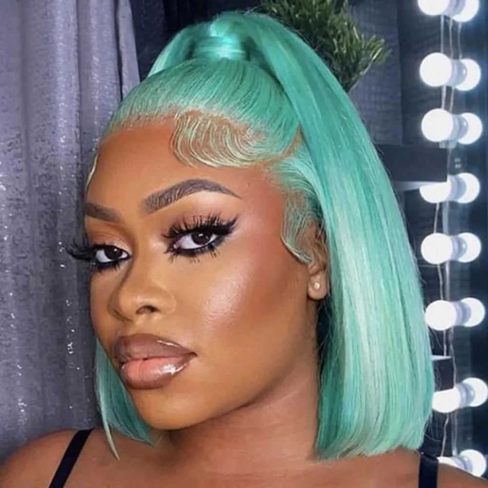 Mint Green Colored Short Bob Straight 13x4 Lace Frontal Wigs Human Hair Wigs Brazilian Remy 100% Human Hair Wig For Women