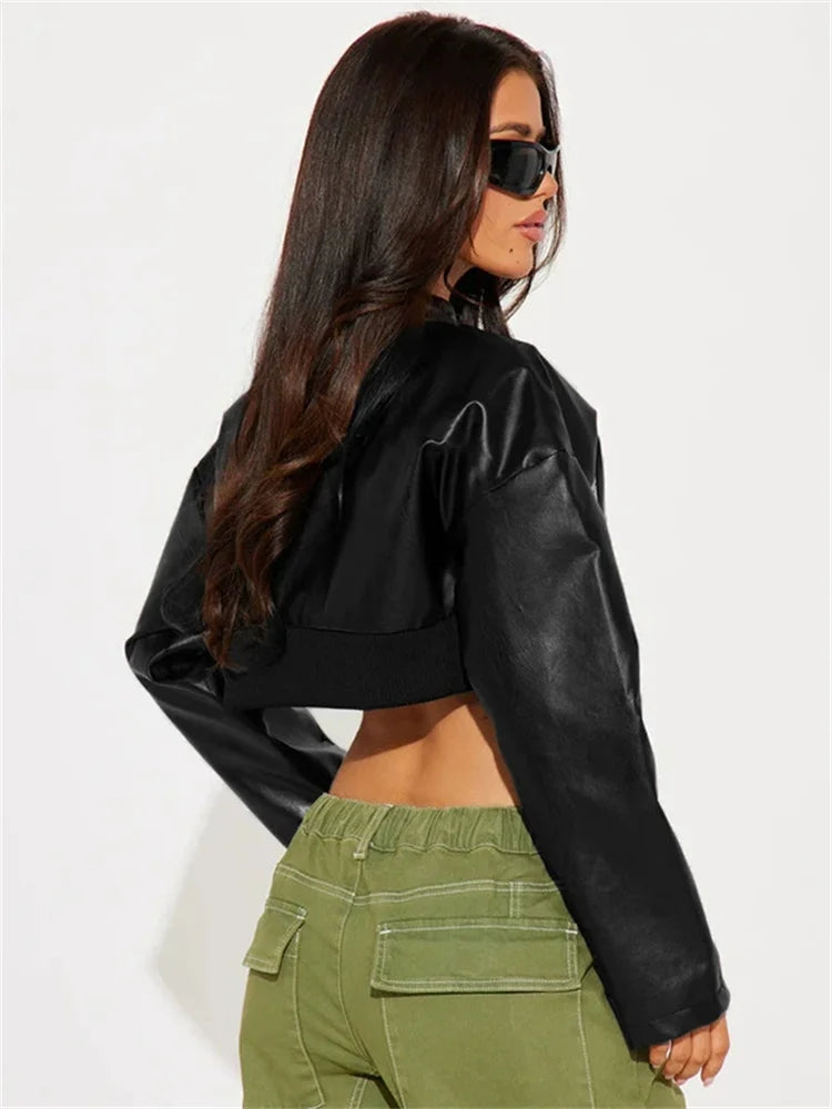 Weird Puss PU Patchwork Women Jacket Letter Print Hipster Button Zip Full Sleeve Trend Cool Street  Spring Outwear Crop Coat