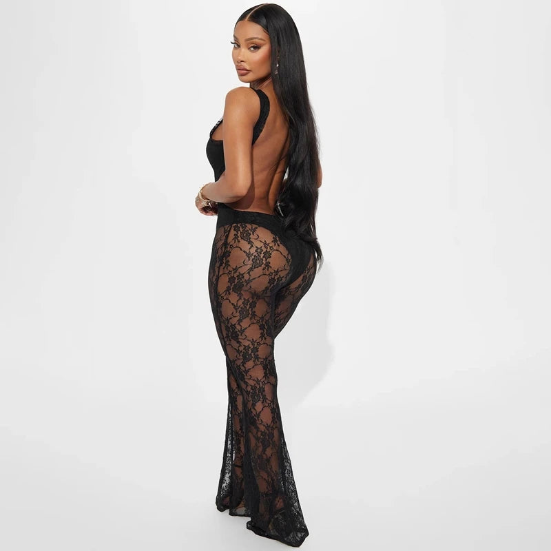 STYLISH LADY Black Lace Hollow Out Jumpsuits 2025 Summer Women Sleeveless Backless Bodycon Sexy Club Party One Piece Overalls