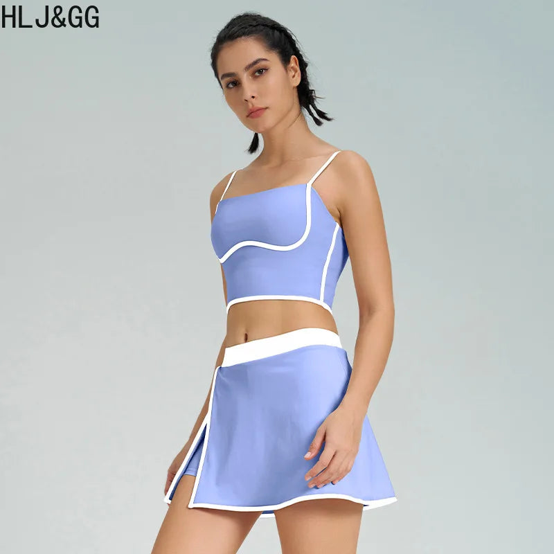 HLJ&GG Fashion High Quality Stretch Sporty Skirts Shorts Two Piece Sets Women Spaghetti Strap Slim Crop Top+Mini Skirts Outfits