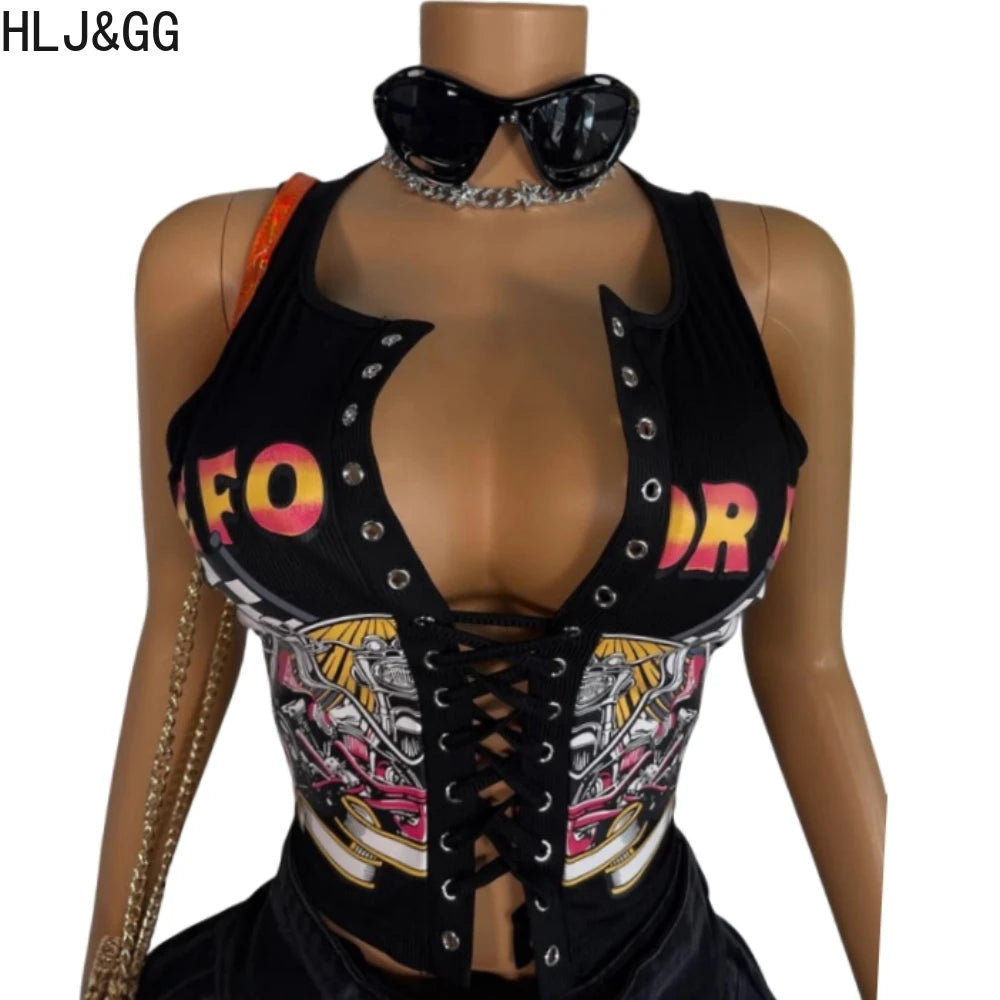 HLJ&GG Black Sexy Hot Girl Hollow Bandage Two Piece Sets Women Deep V Sleeveless Tank Top+Pleated Mini Skirts Outfits Streetwear