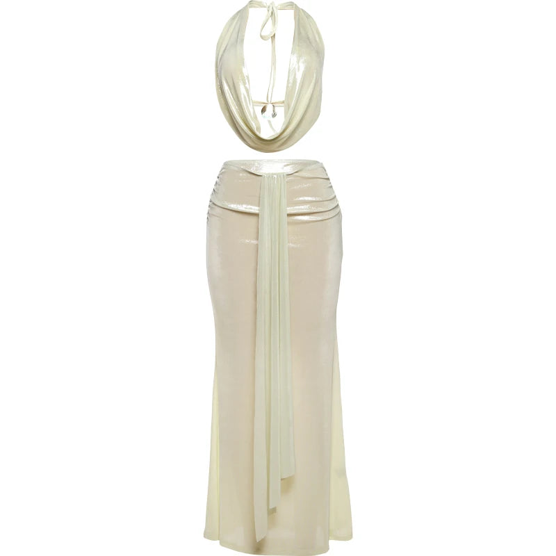 Weird Puss Thin Sexy Women 2 Piece Set Glitter Sheet Metal Backles Shalter Tank Tops+Ribbon Skirts Tight Vacation Matching Suits