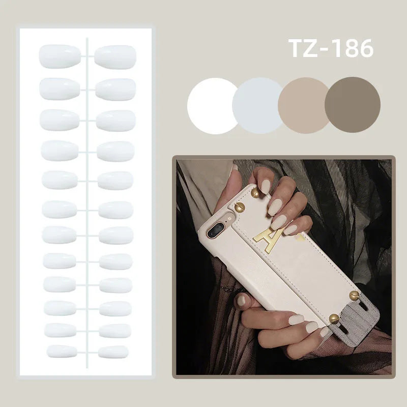 24Pcs Shimmery Long Coffin False Nails with Glue Ballerina Nail Design Sweet Fashion French Press on Acrylic Nails Tips
