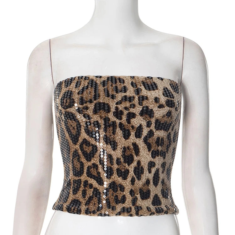 STYLISH LADY Sparkly Sequined Leopard Printed Crop Top 2025 Summer Women Strapless Zipper Slim Sexy Club Party Street Tops Tees