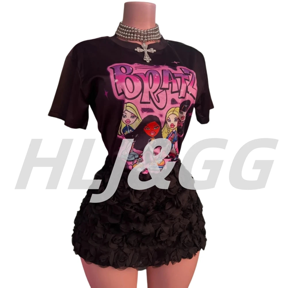 HLJ&GG Fashion Pattern Print Loose Tshirts Two Piece Sets Women O Neck Short Sleeve Top + Fur Mini Skirts Outfits Y2K Streetwear