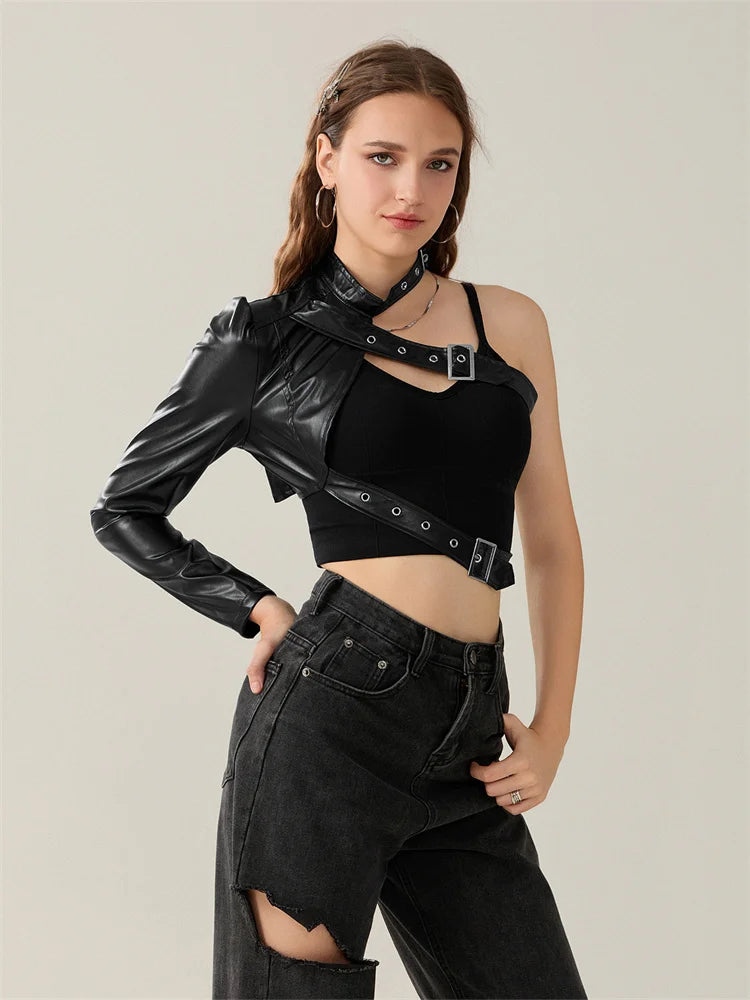 Women PU Leather Jackets Fashion Punk Gothic E Girl Y2K Crop Tops Single Long Sleeve Neck Hanger Buckle Belt Coat Outerwear