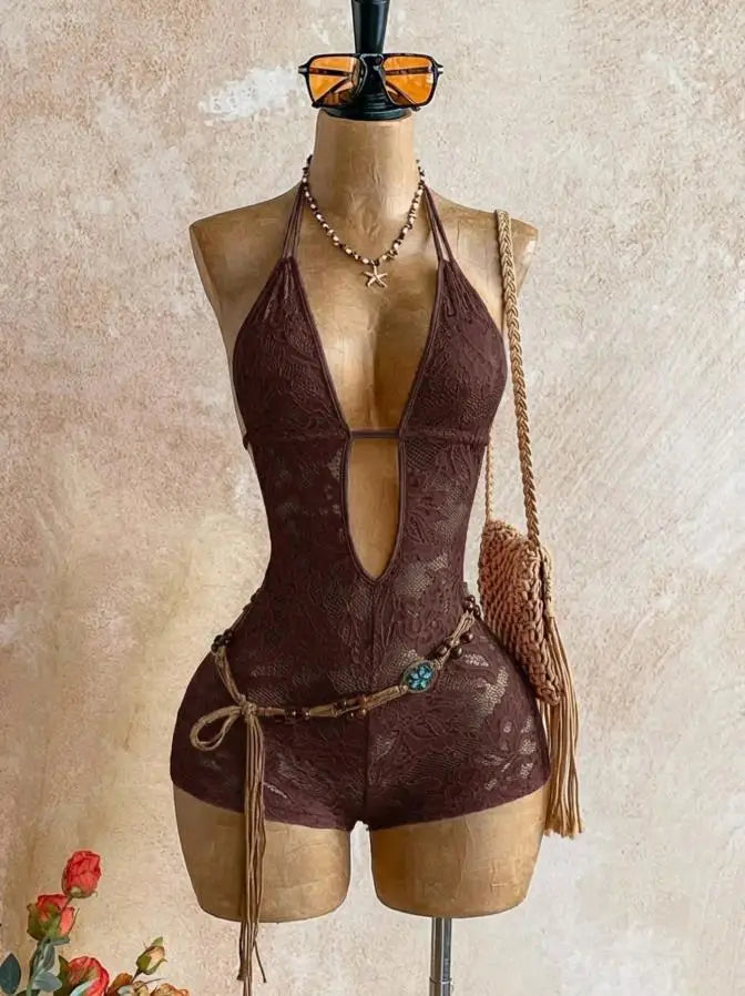 HLJ Summer New Sexy Lace See Through Patchwork Bodycon Rompers Woman Deep V-neck Backless Jumpsuits Female Streetwear Overalls