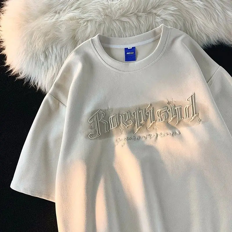 Hip hop retro high street men and women trend personality letter round neck short sleeved couple loose Harajuku suede T-shirt