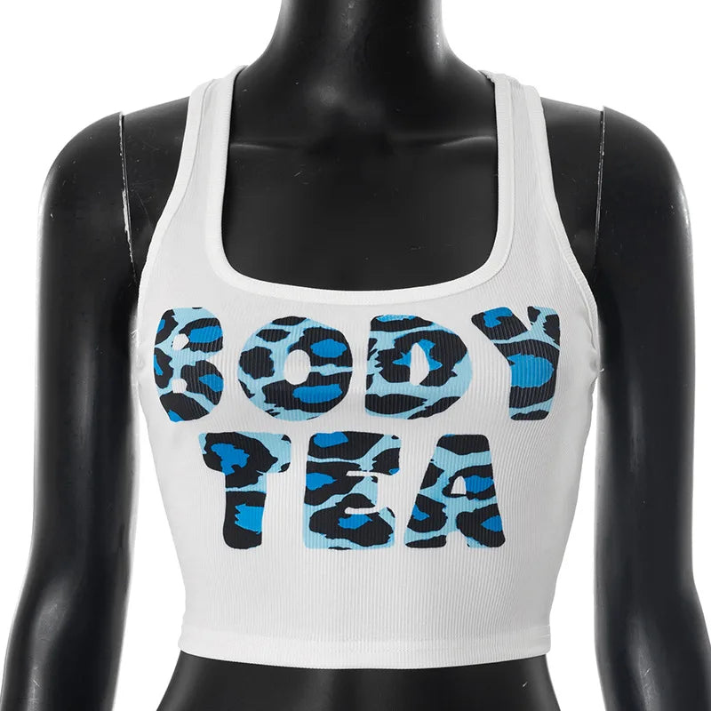 HLJ&GG Y2K Summer New Letter Tank Top Two Piece Sets Women Round Neck Sleeveless Vest + Sequin Leopard Shorts Outfits Streetwear