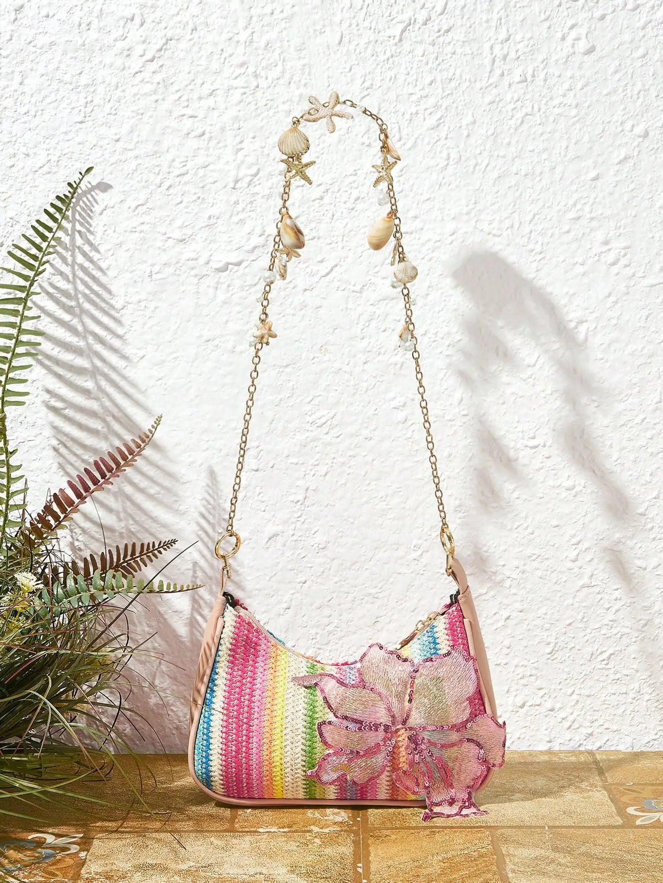 ROMWE Fairycore 1pc Summer Beach Starfish Series Shell & Seashell Woven Shoulder Hand Carry Bag