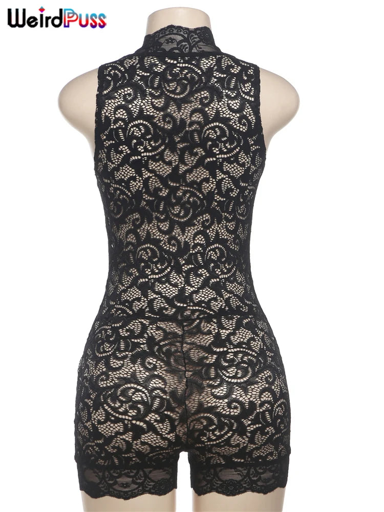 Weird Puss Lace v-Neck See-Through Rompers Woman Summer Sexy Thin Solid Sleeveless Low-Neck Stretch Peach Hip Skinny Playsuit