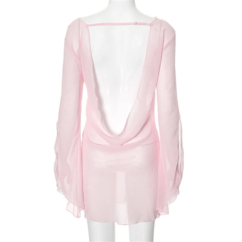 Women Babydoll Lingerie Nightgown Sleepwear Sexy Sheer Mesh Cowl Neck Backless Mini Dress Exotic Nightwear See Through Dress