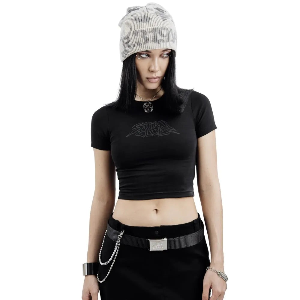 Harajuku Aesthetic Hip Hop Satan Club Graphic Print Y2K Letter Crop Tops SCFEM Tee Women Clothing Streetwear Short Sleeve Tshirt
