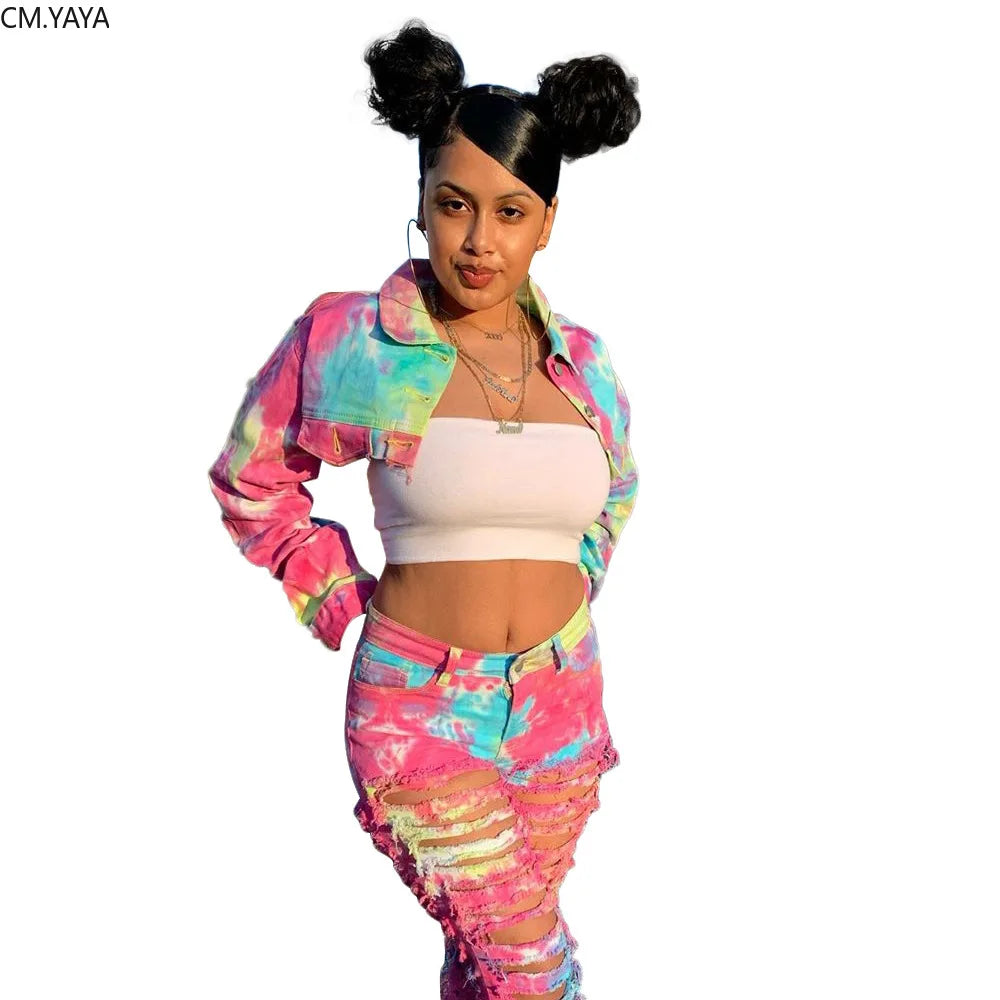 CM.YAYA Autumn Tie Dye Women Long Sleeve Mini jeans Coat Fashion Lady Jackets