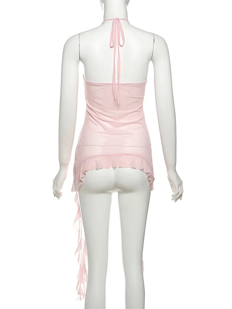 Weird Puss Patchwork Mesh Y2K Sexy Camisole Women Halter Bandage Low-Neck Tassel Ruffles 3d Flowers Midnight Club Sexy Tank Tops