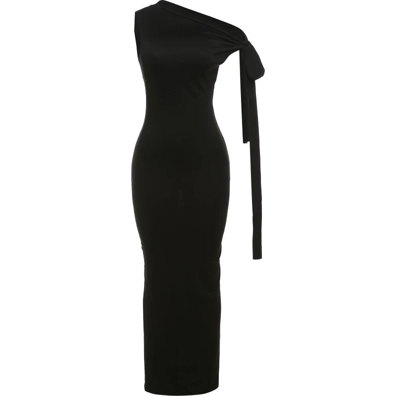 Weird Puss One-Shoulder Dress Woman Summer Sexy Solid Elegant Knot Bandage Sleeveless Bodyshape Simple Party Skinny Vestidos