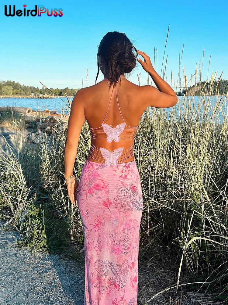 Weird Puss Chic Butterfly Women Maxi Dress Print Backless Spaghetti Straps V Neck Halter Bodycon Hot Girls Club Party Vestidos