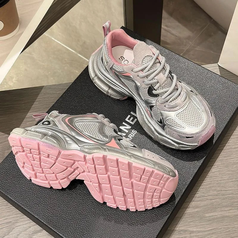 New Thick Soled Fashionable Dad Shoes, Women's Spring and Autumn New Versatile Casual Shoes, Silver Pink Sports Trendy Shoes