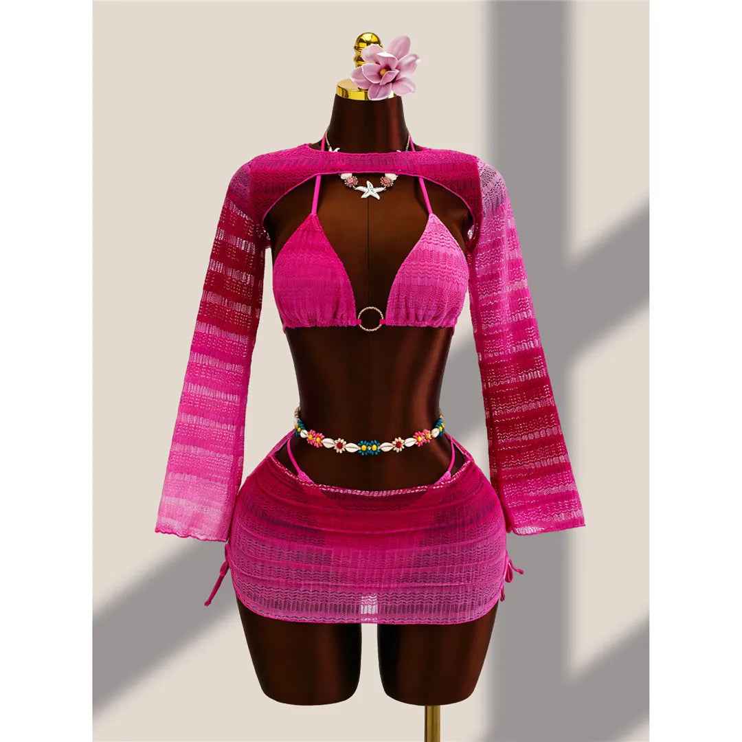 4PCS With Cover Up Skirt Gradient Bikini Women Swimwear Female Swimsuit Four-Pieces Bikini Set Bather Bathing Suit Swim V8303
