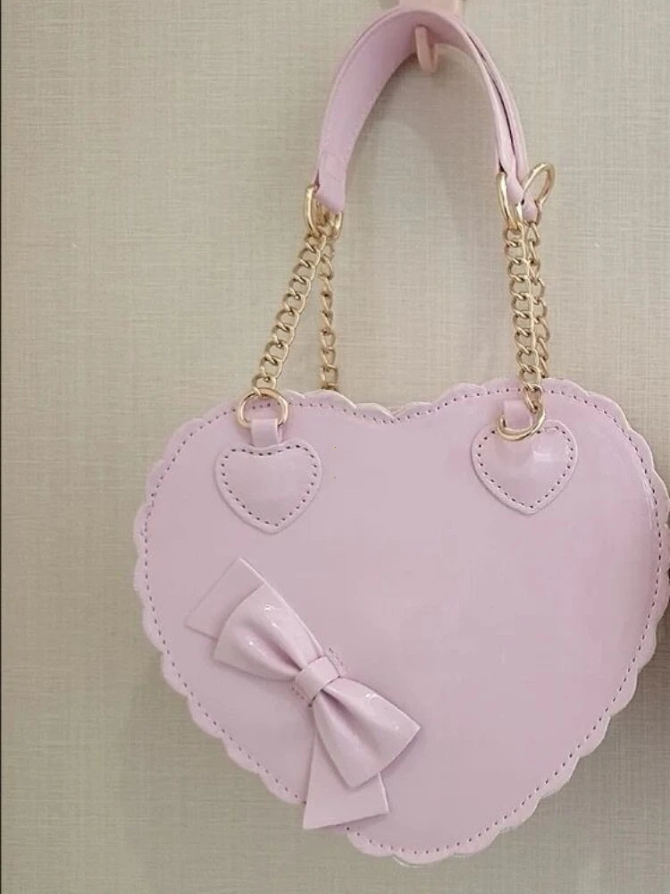 PU Heart Lolita Handbags Girls Bowknots Decor Japanese Shoulder Bags Two Sized Kawaii Shell Purses Cute Pink Messenger Bag Gifts