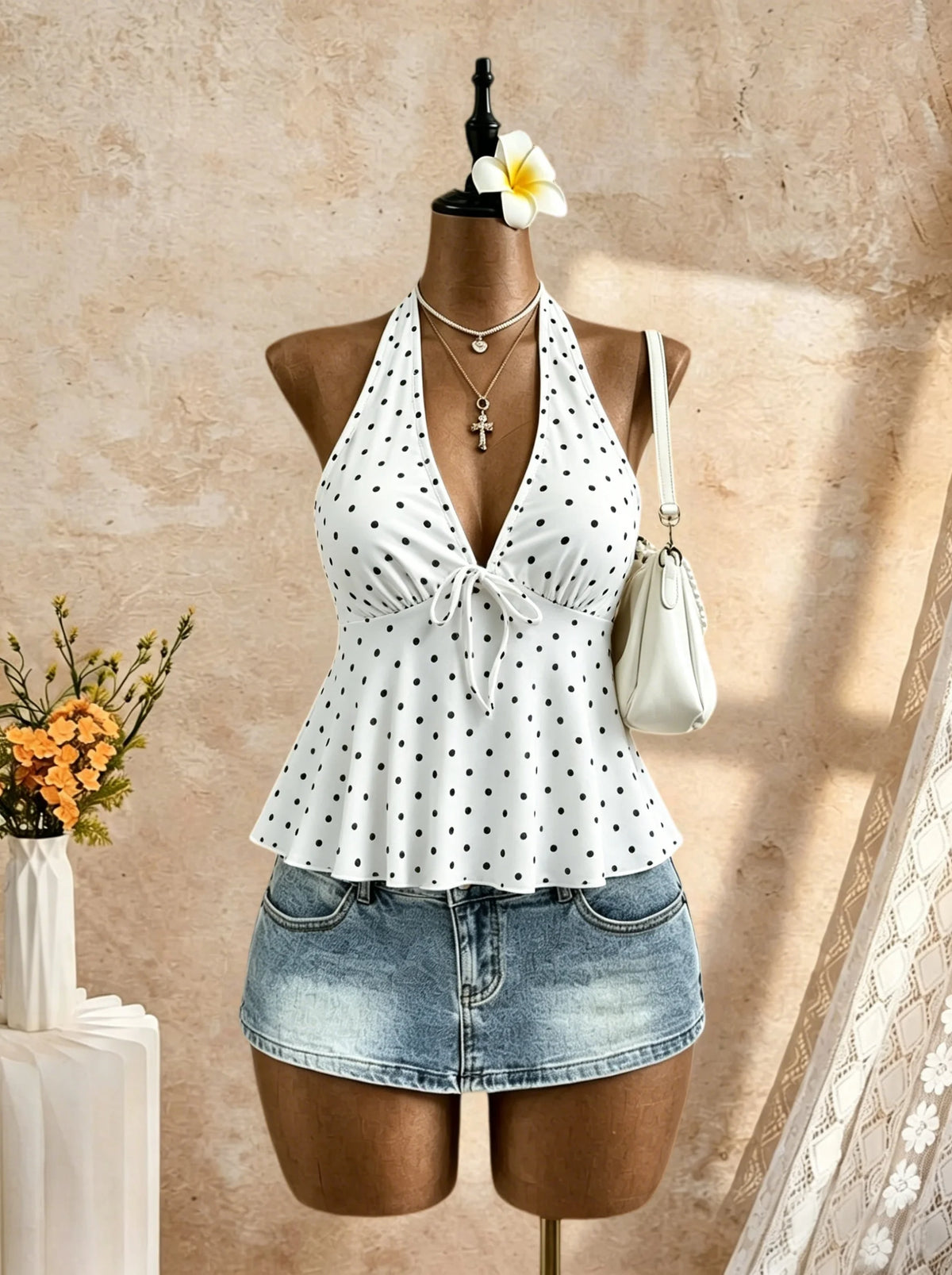 Women Halter Deep V Neck Front Self Tie Flared Peplum Camisole 2026 Summer Y2K Solid Color Sleeveless Flowy Beach Vacation Tank