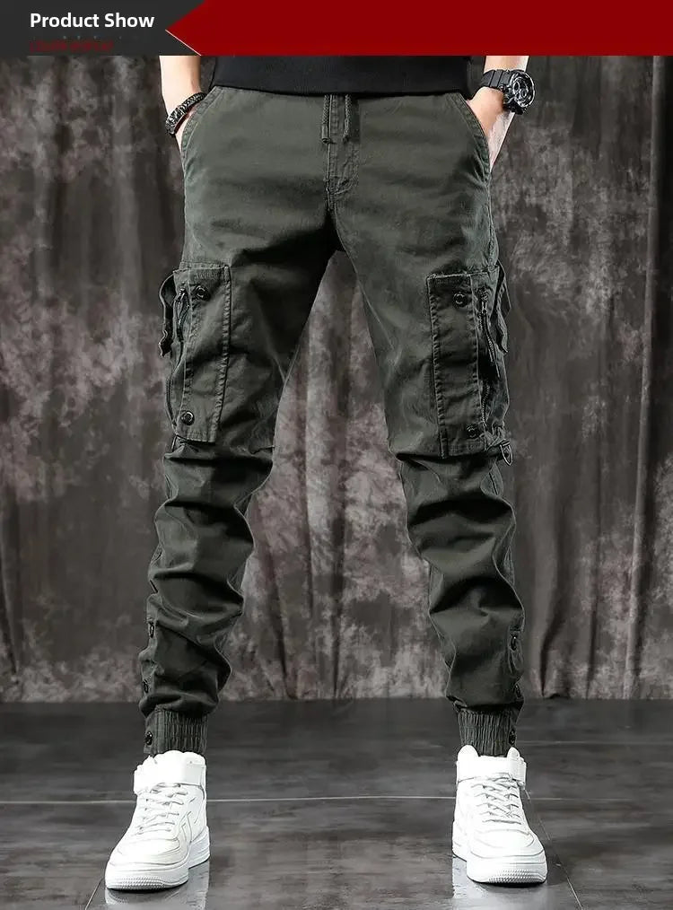 Trendy Men's Spring Autumn Cargo Pants Slim Fit Casual Style Loose Fit American Style Multiple Pocket Small Foot Pants Black