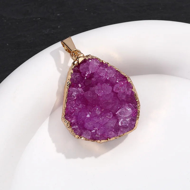Natural Crystal Agate Geode Pendant Gemstone Dyeing Colorful Cluster Golden Edge Irregular Stones Charms DIY Jewelry Making Gift