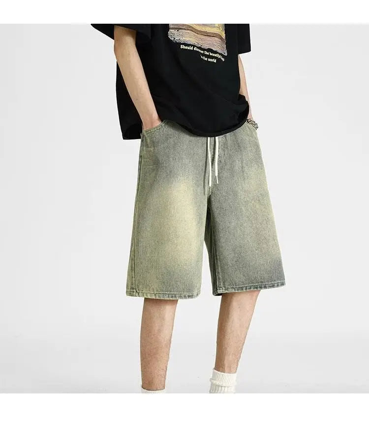 denim shorts, men's 2025 summer thin style retro loose American fashion brand casual five inch mid length pants