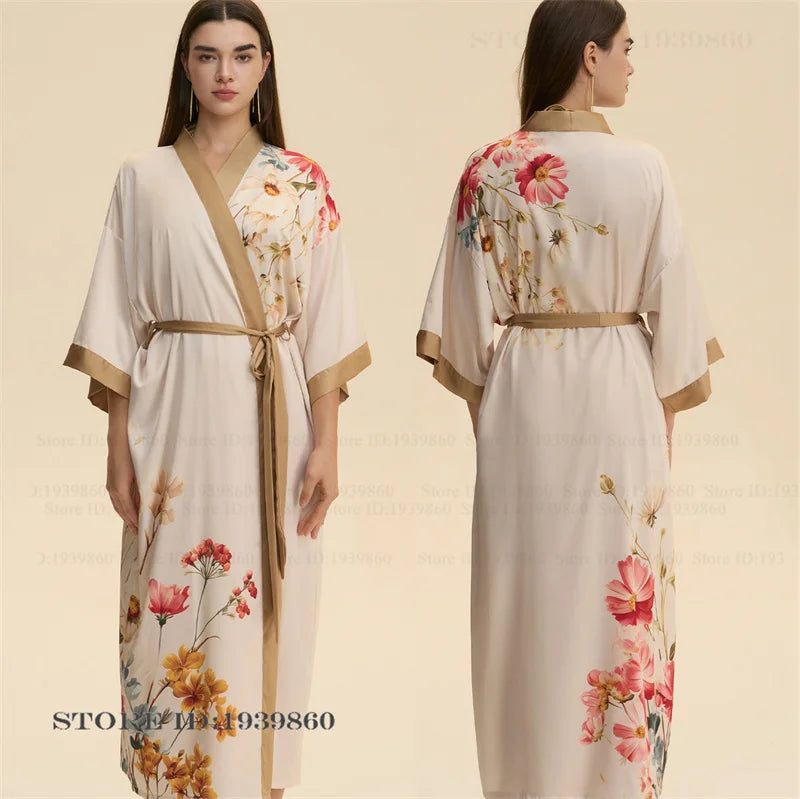 Plus Size Print Flower Long Robe Kimono Gown New Female Sleepwear Bathrobe Home Dress Loose Silky Satin Night Clothes Loungewear