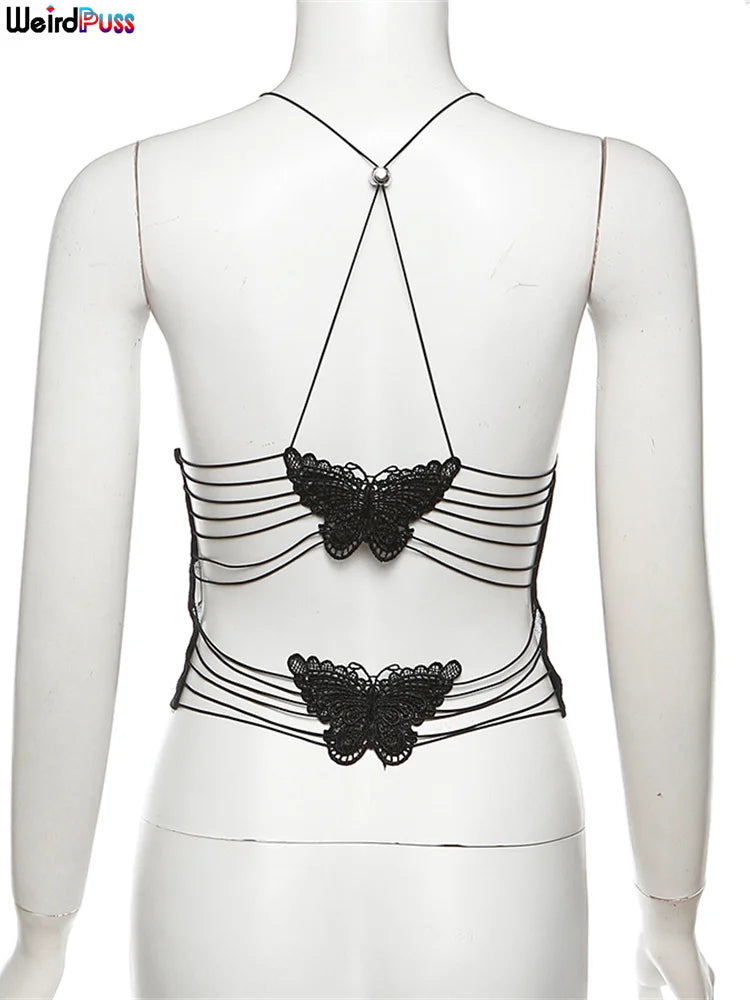 Weird Puss Halter Neck Women Crop Tops v Neck Backless Spaghetti Strap Butterfly Sexy Summer Fashion Clubwear Nightout Wild Vest