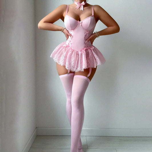 Lace Fancy Patchwork Garters Sexy Lingerie Girly Pink Corset Dress Stocking Matching Cute Sexy Uniform Lingerie New
