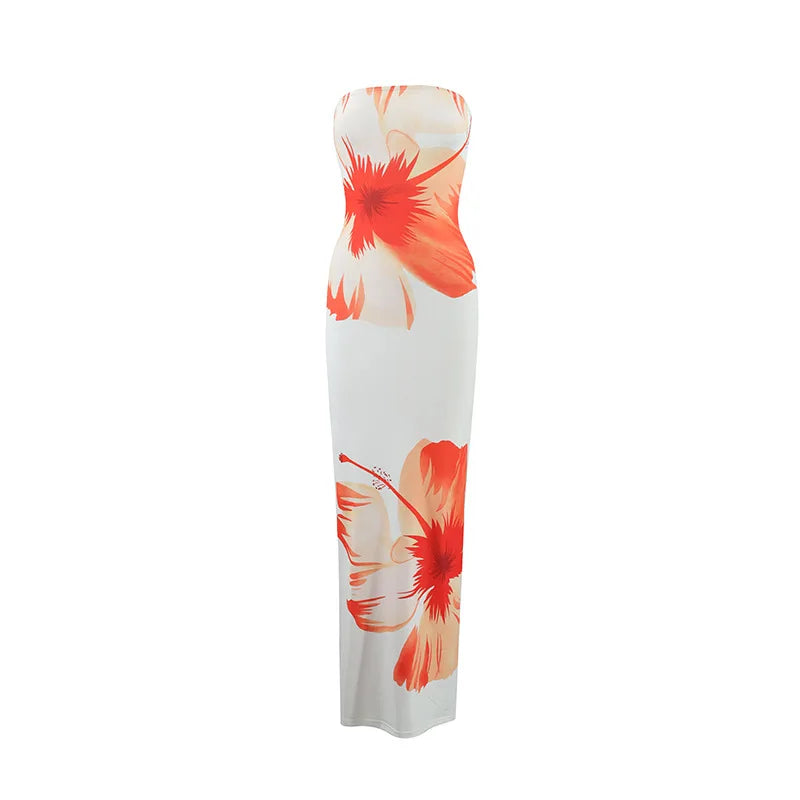 Women's Fashion Sexy Flower Print Strapless Long Dress Summer Vacation Elastic High Waist Slim Fit Party Evening Dress 2025