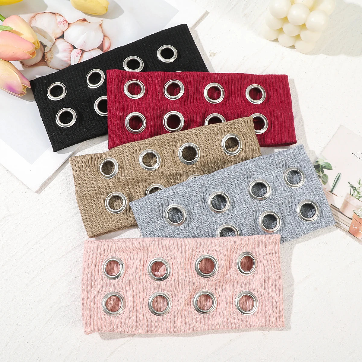 AWAYTR Punk Girl Fabric Hollow Elastic Headbands Metal Rock Personalized Hollow Eyelets Hair Band Casual Sports Grommet Headband
