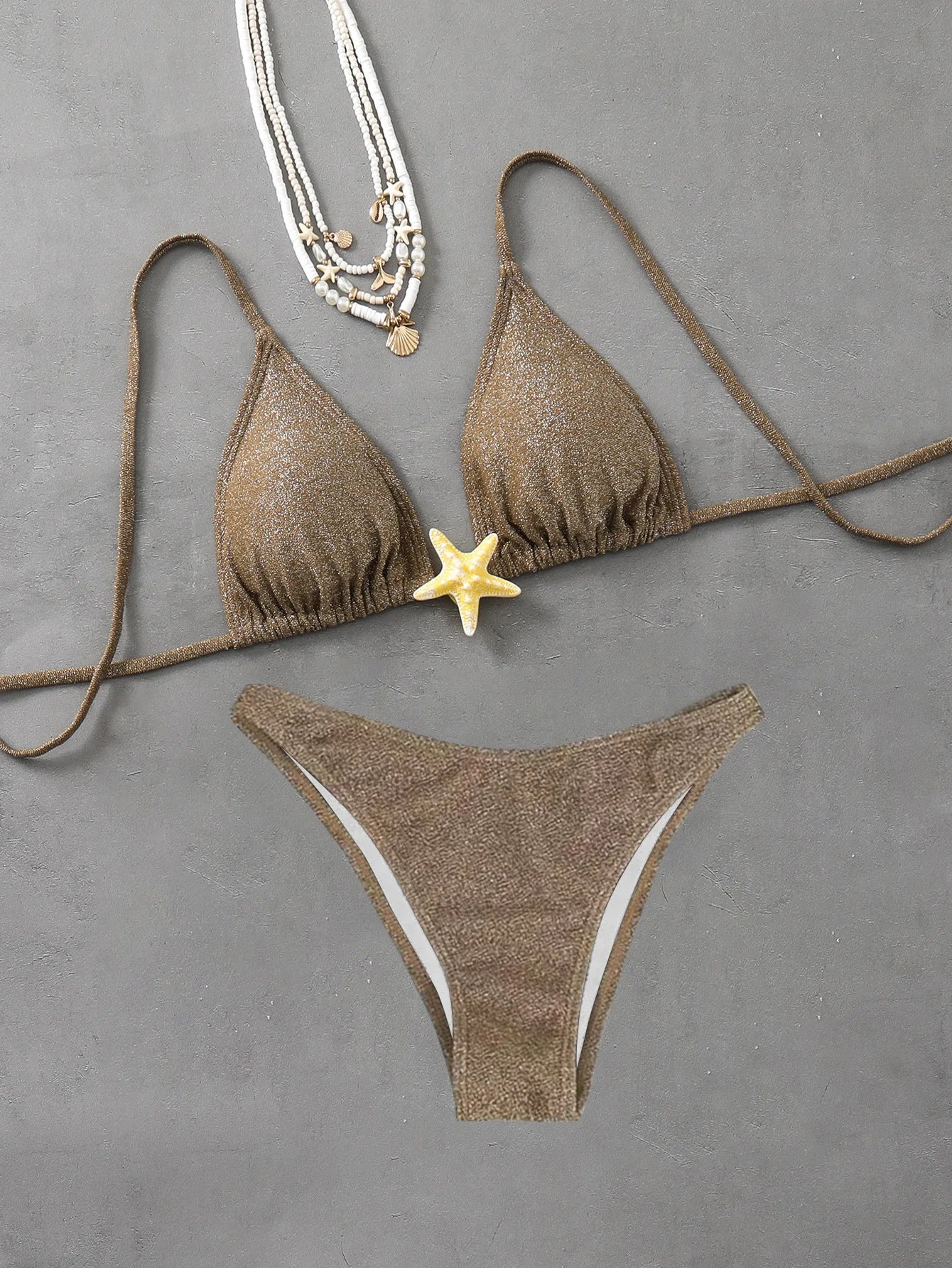 2026 New Sexy Halter Bikini Set Starfish Accessories Swimwear Women's Swimsuit Beachwear Black Green Lacing Up Bathing Suit