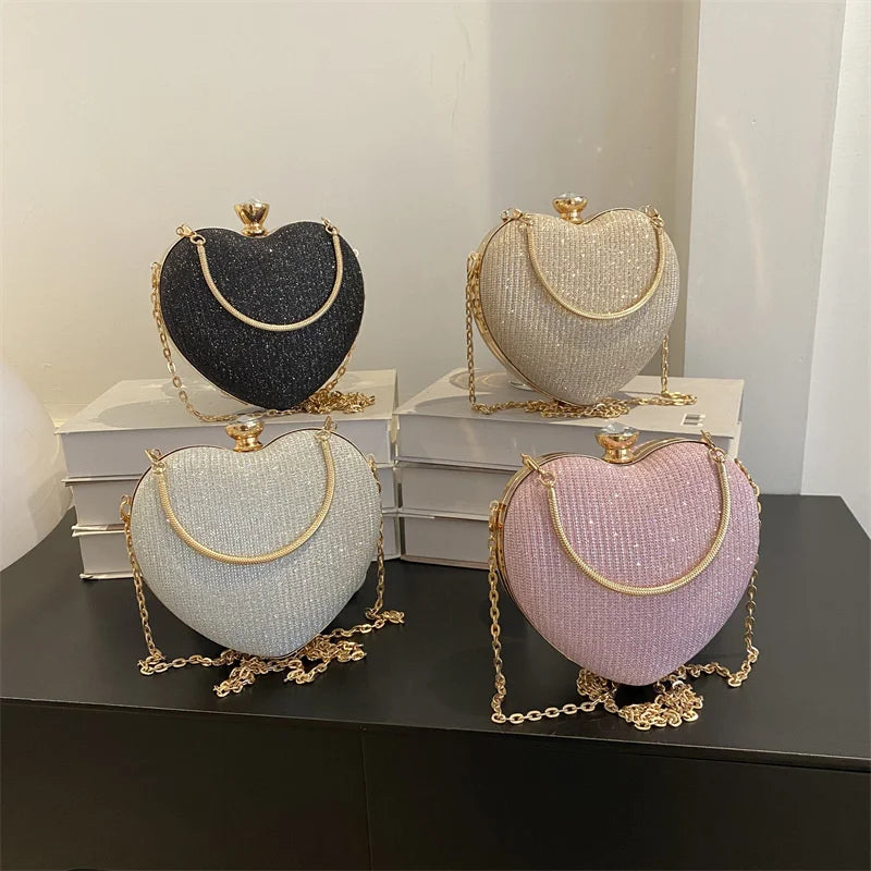 Evening Clutch Bag For Women Shiny Heart Shape Metal Clutch Chain Shoulder Purse
