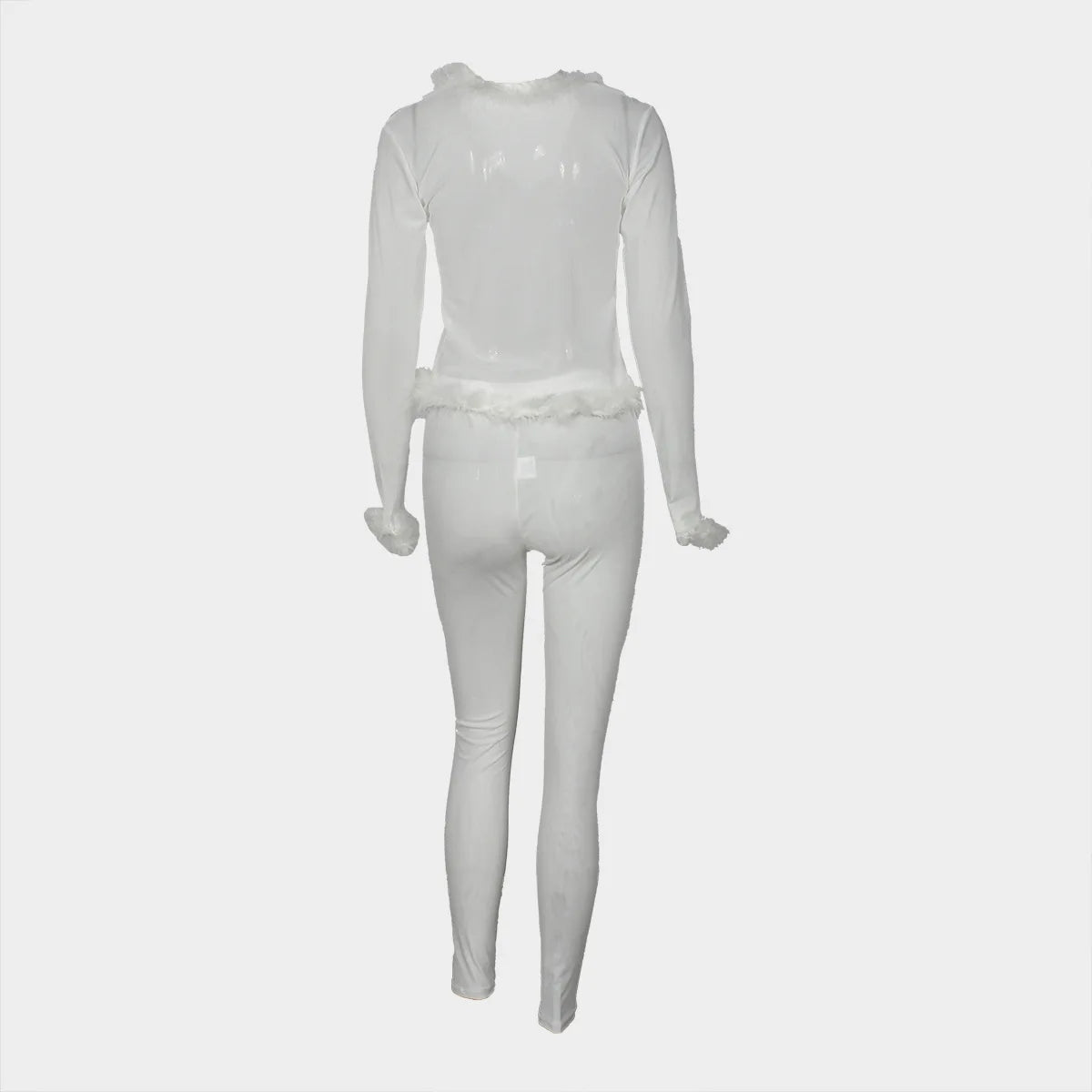 Weird Puss Sexy Fashion 2 Piece Set Women Fluff Patchwork Lace-Up Full Sleeve+Skinny Peach Hip Pants Club Coquett Trend Outfits