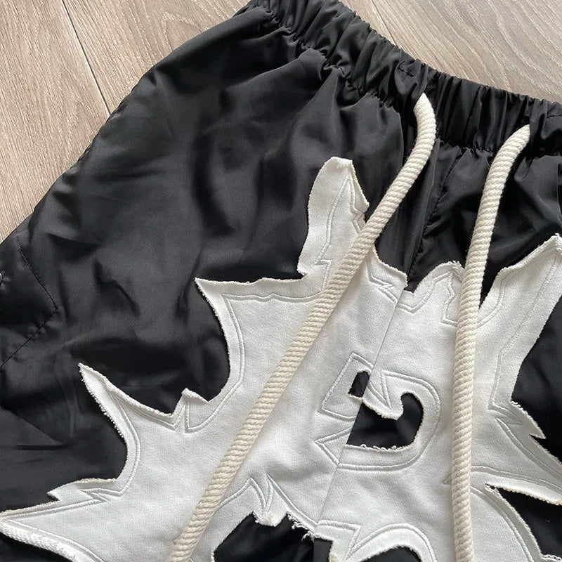 Cactus Jack Shorts Fashion Casual  Loose Color Blocking Patch Black Drawstring Elastic Waist Shorts Men Women Streetwear Pants