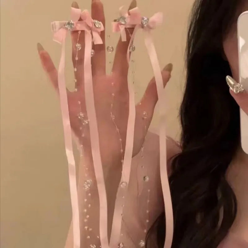 Ribbon Glass Beaded Bow Tassel Hair Clip Women Korean Y2K Fashion Solid Color Hairpin Girls Party Headwear Side Clips