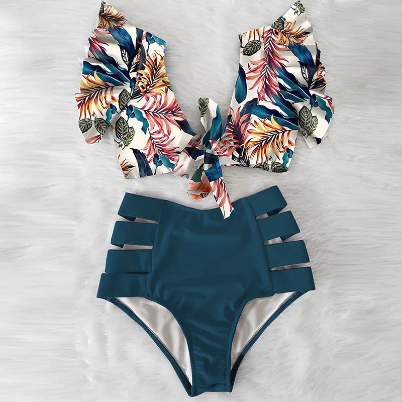 2026 High Waist Bandage Bikini Set For Women Floral Printed Ruffle Bikinis Push Up Strappy Brazilian Biquini Swimwear Swimsuit