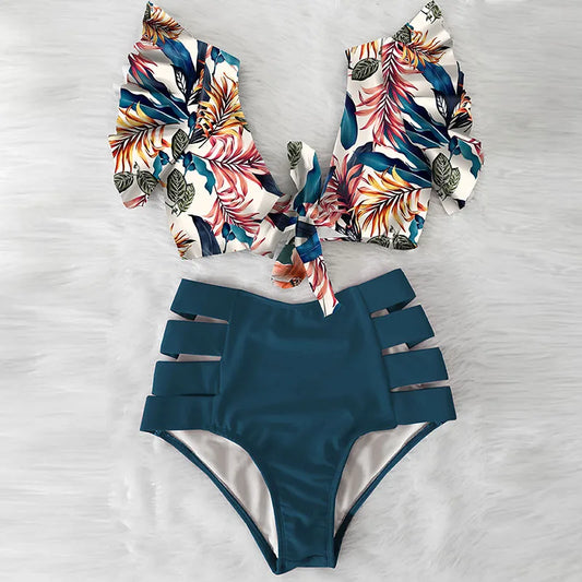 2026 High Waist Bandage Bikini Set For Women Floral Printed Ruffle Bikinis Push Up Strappy Brazilian Biquini Swimwear Swimsuit