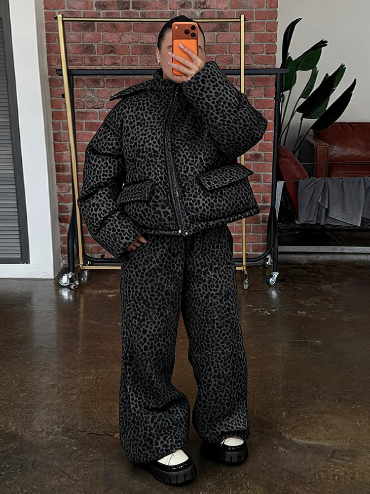 Women Leopard Print 2‑Piece Outfit Hooded Puffer Coat Wide Leg Pants Set Loose Warm Winter Street  Ladies Matching Outfit Suit
