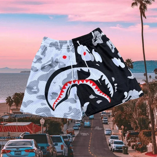 2025 Summer New Men's Quick-Drying Sports Shorts Camouflage Shark Print Mesh Drawstring Shorts Comfortable Casual Y2K Shorts