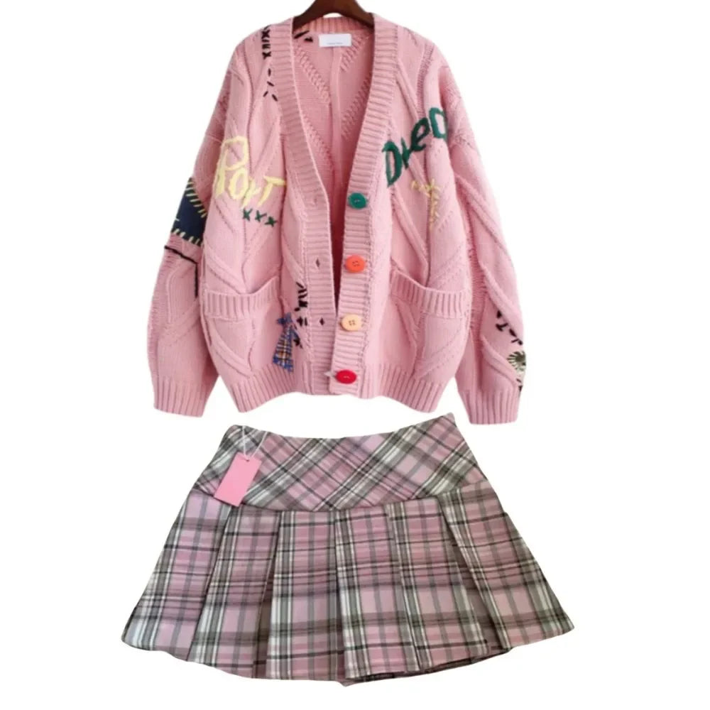 HLJ&GG Winter Embroidery Knit Sweater Coats Two Piece Sets Women Button Long Sleeve Top And Plaid Aline Skirts Outfit Streetwear