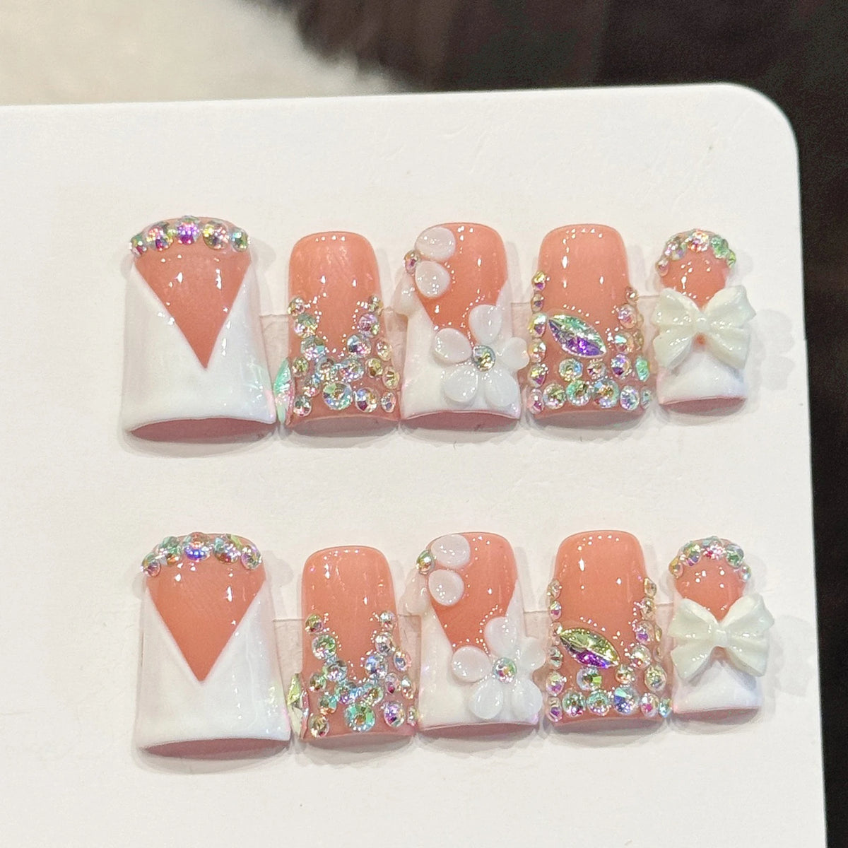 10pcs Handmade Duckbill Press on Nails French Artificial Nails With 3D Flowers Decor Elegant Fake Nails Detachable False Nails
