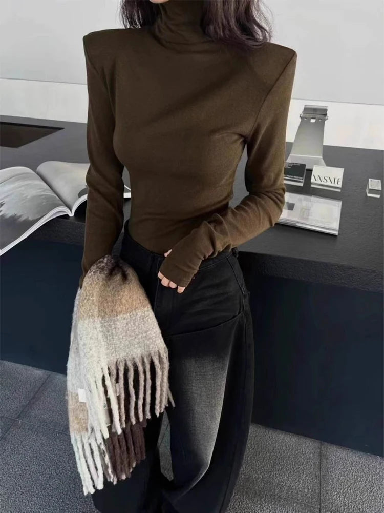 Women's High Neck Long Sleeve Top 2026 Spring New Korean Minimalist No Cuff Sleeve Design Structured Shoulder Slim Fit Knitwear