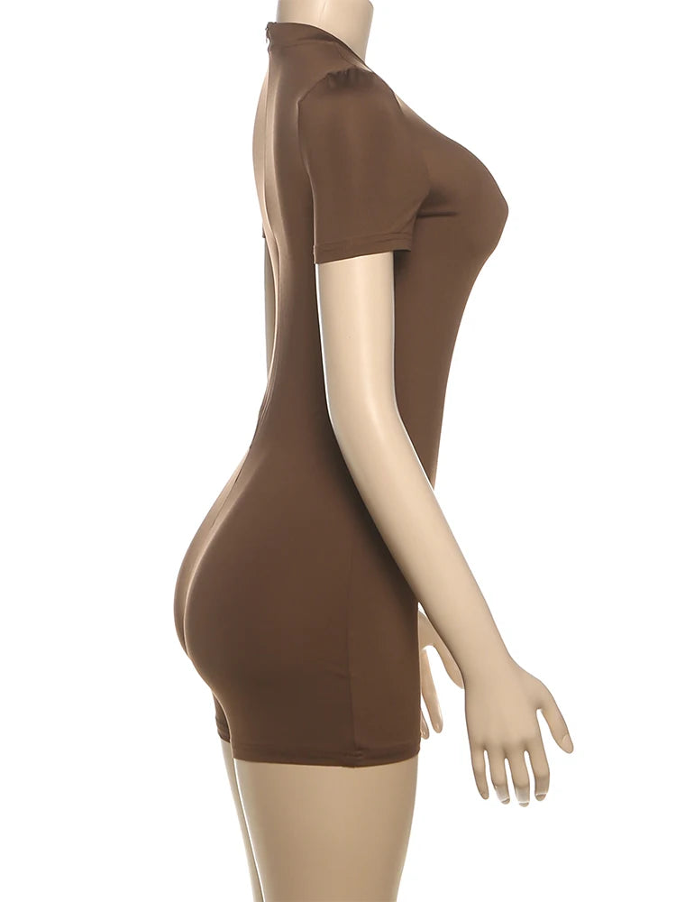 Weird Puss Letter Print Fashion Romper Women Body-Shaping  o-Neck Mini Sleeve Tight Peach Hip Casual Simple Workout Playsuits